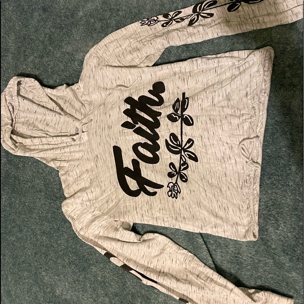 Women’s white and black long sleeve, Large Faith crop top.